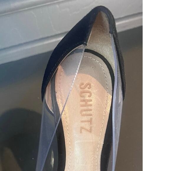 Schutz DEN Flame Pointy‑Toe Clear Pumps Red/Black Suede Sz 7.5 Brazil Edgy Vamp - Picture 4 of 8